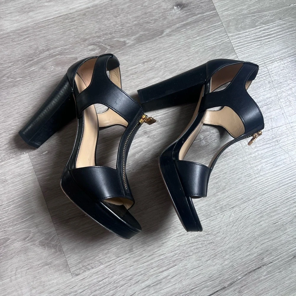 Michael Kors Black Leather T-Strap Heels with Gold Zip Detail - Picture 3 of 6
